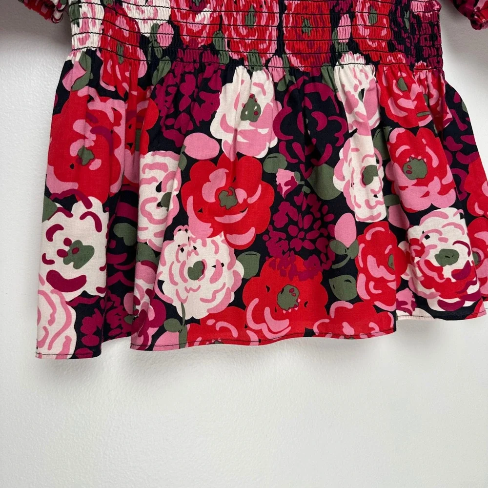 Kate Spade Rosette Blooms Puff Sleeve Smocked Floral Top Red Pink XS